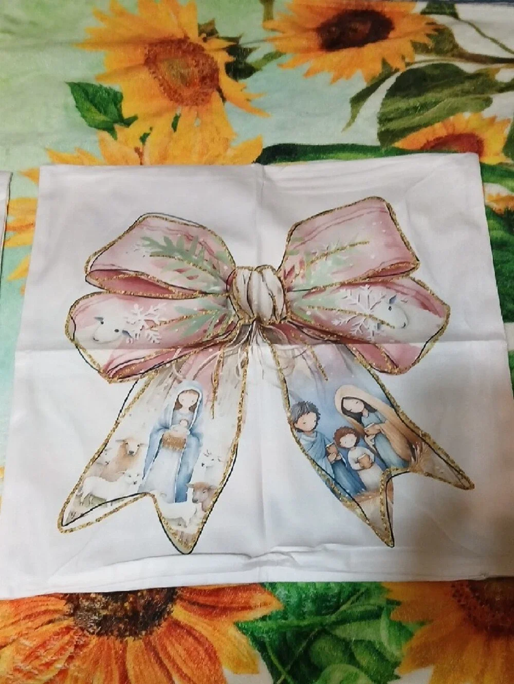 Holiday Bow Pillow Cover - White with Pastel Pink & Blue Accents